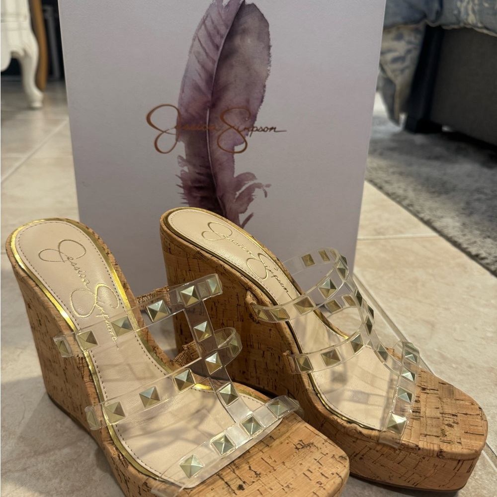 Jessica Simpson Studded Clear and Tan Wedges